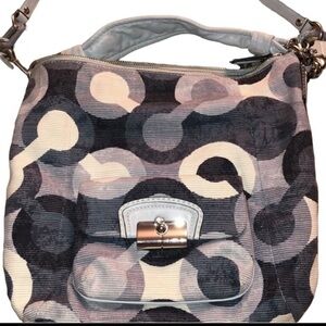 COACH OP ART shades of blue & white canvas with leather trim silver hardware